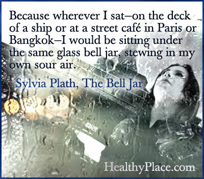 Cytat z depresji - Ponieważ gdziekolwiek siedziałem - na pokładzie statku lub w ulicznej kawiarni w Paryżu lub Bangkoku - siedziałbym pod tym samym szklanym słojem z dzwoneczkami i dusił się w moim własnym kwaśnym powietrzu.